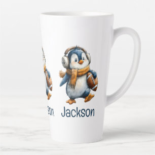 Personalised Winter Penguin Football Kid Latte Mug