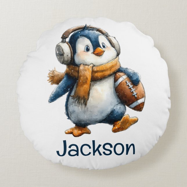 Personalised Winter Penguin Football Kid Round Cushion (Front)