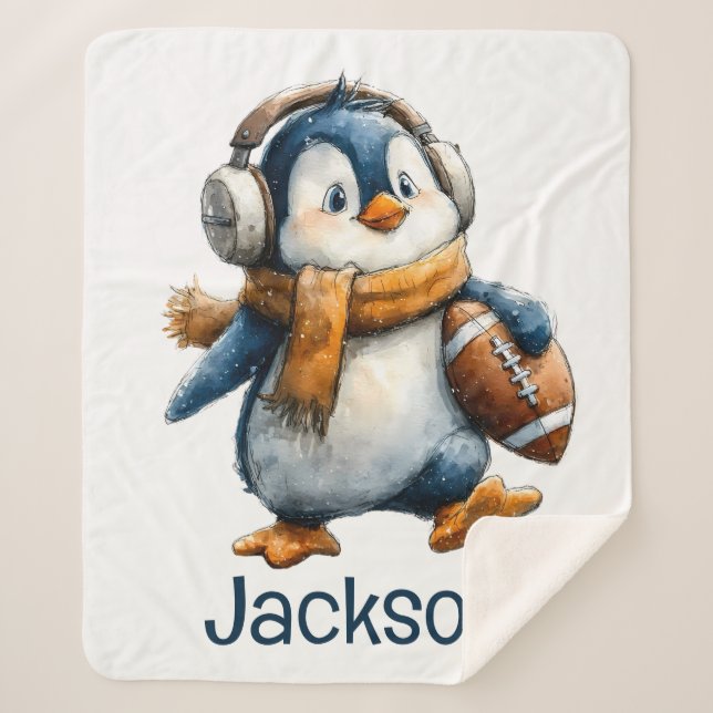 Personalised Winter Penguin Football Kid Sherpa Blanket (Front)