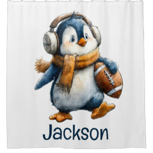 Personalised Winter Penguin Football Kid Shower Curtain