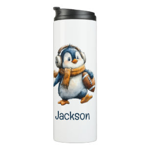 Personalised Winter Penguin Football Kid Thermal Tumbler