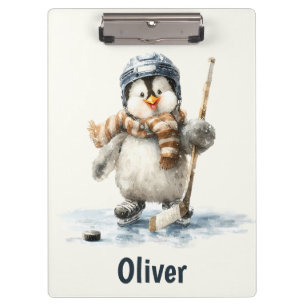 Personalised Winter Penguin Hockey Kid Clipboard