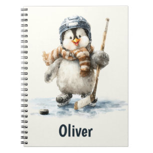 Personalised Winter Penguin Hockey Kid Notebook