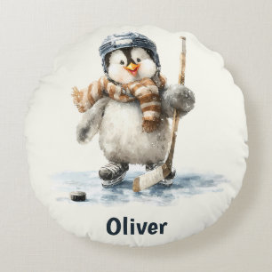 Personalised Winter Penguin Hockey Kid Round Cushion