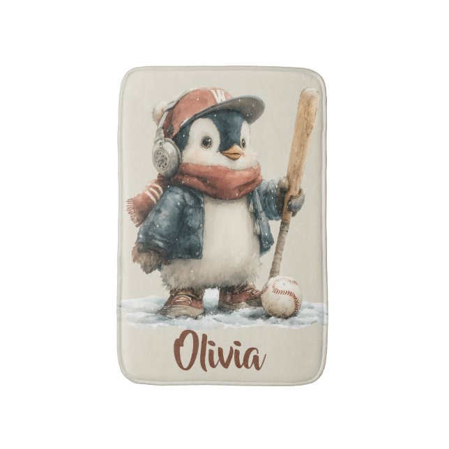 Personalised Winter Penguin Softball Kid Bath Mat (Front Vertical)