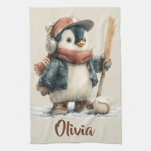Personalised Winter Penguin Softball Kid Tea Towel