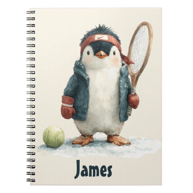 Personalised Winter Penguin Tennis Kid Notebook (Front)
