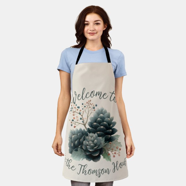 Personalised Winter Pinecone Family Design Apron (Worn)