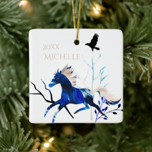 Personalised Winter Pony and Crow Horse Christmas Ceramic Ornament
