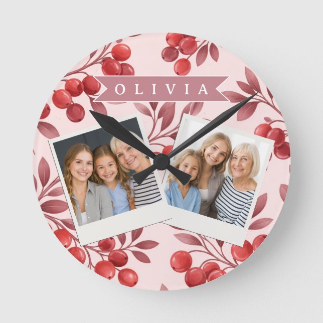 Personalised Winter Red Berry Botanical Cottage Round Clock (Front)