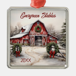 Personalised Winter Rustic Red Barn Christmas Metal Ornament