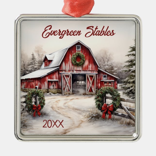 Personalised Winter Rustic Red Barn Christmas Metal Ornament (Front)