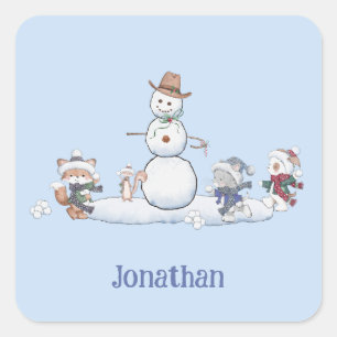 Personalised Winter Snowball Fight Animals  Square Sticker