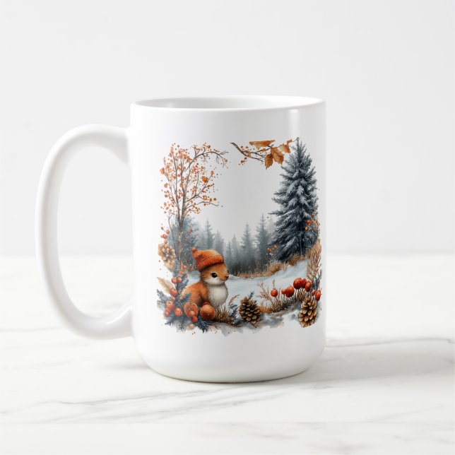 Personalised Winter Squirrel in Frosted Forest Coffee Mug (Left)