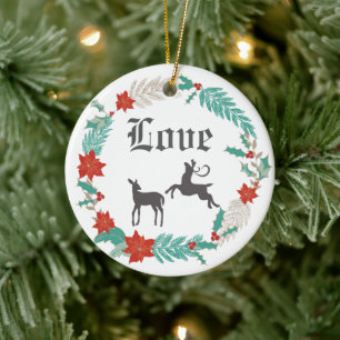 Personalised Winter Wreath and Deer Couple LOVE Ceramic Ornament