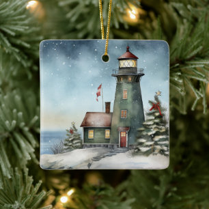 Personalised Wintery Lighthouse Nautical Christmas Ceramic Ornament
