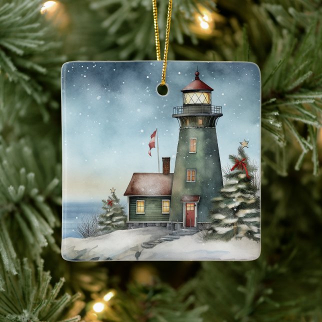 Personalised Wintery Lighthouse Nautical Christmas Ceramic Ornament (Tree)