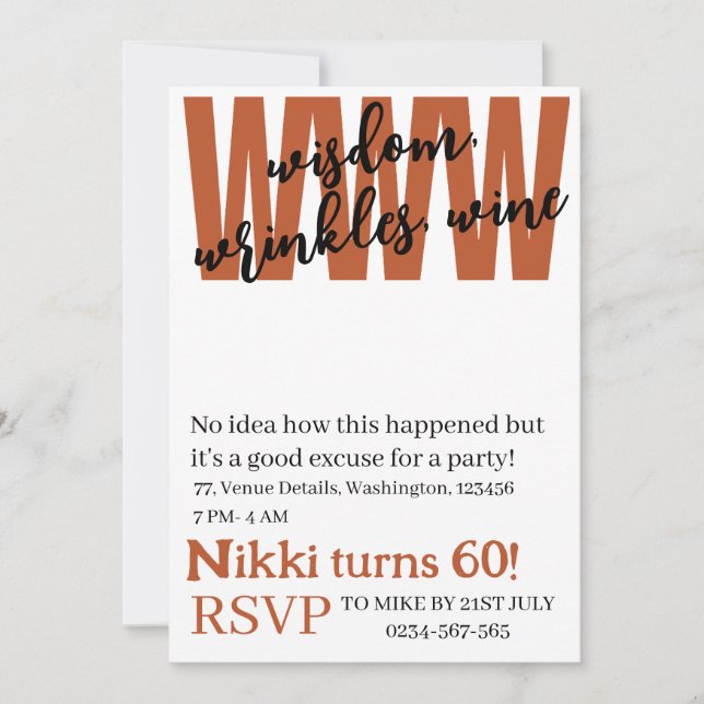 Personalised wisdom, wrinkles, wine funny birthday invitation (Front)