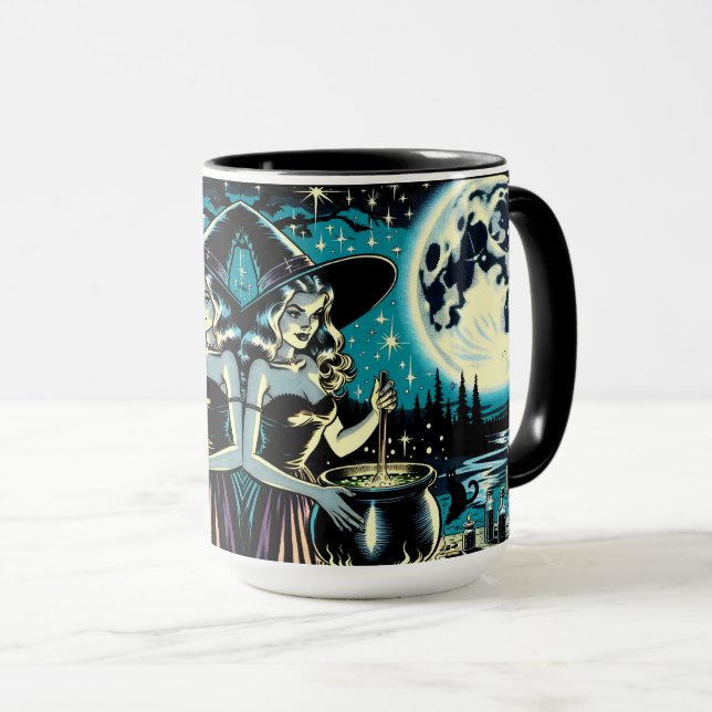 Personalised Witch and Black Cat Halloween Mug (Front Right)