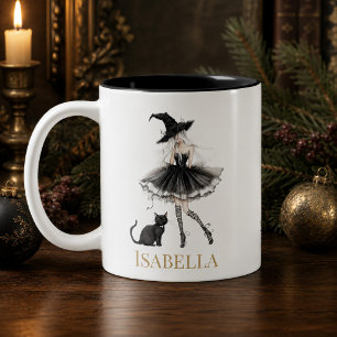 Personalised Witch & Black Cat Mug with Gothic Bow