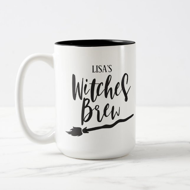 Personalised Witch Brew | Black Script Typography Two-Tone Coffee Mug (Left)