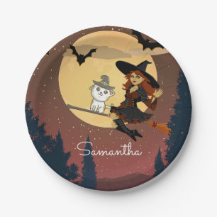 Personalised Witch Cat Happy Halloween Name Paper Plate
