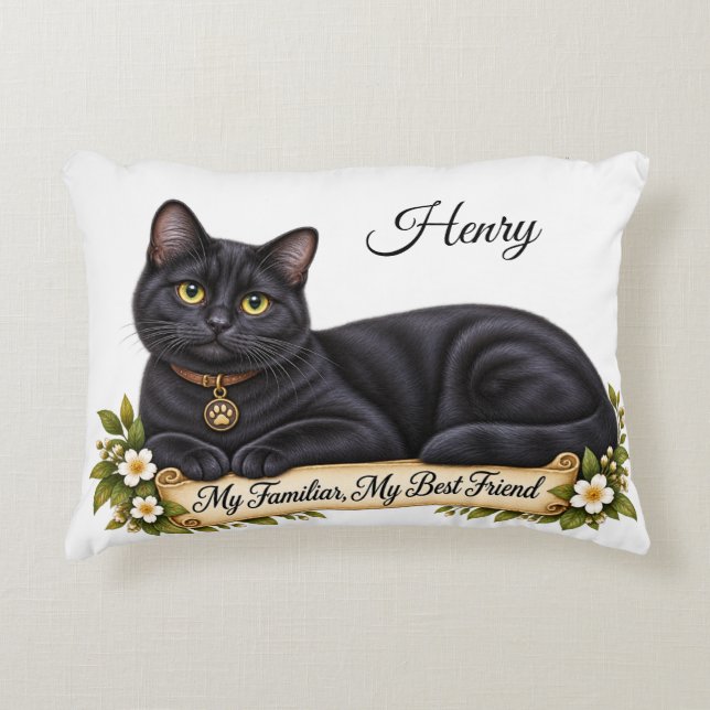 Personalised Witch Familiar Black Cat  Decorative Cushion (Front)