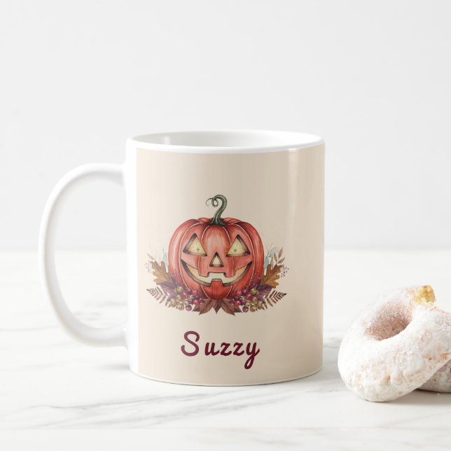 Personalised Witch's Brew Pumpkin Coffee Mug (With Donut)