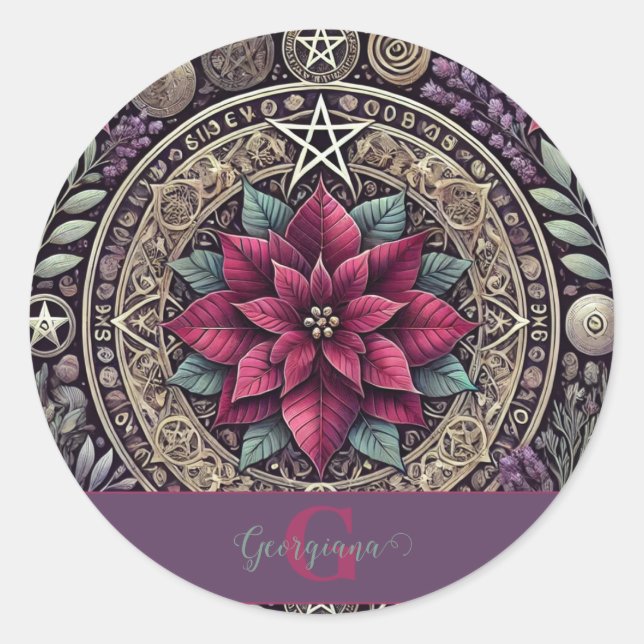 Personalised Witchy Poinsettia Pentagram Mandala Classic Round Sticker (Front)