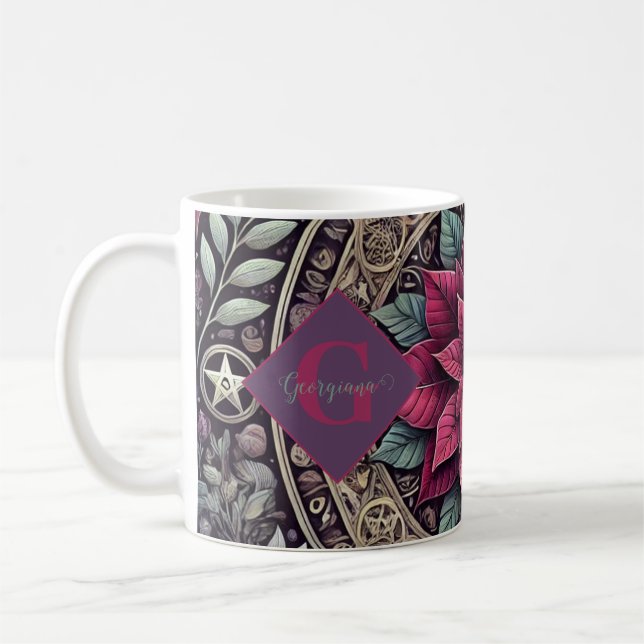 Personalised Witchy Poinsettia Pentagram Mandala Coffee Mug (Left)
