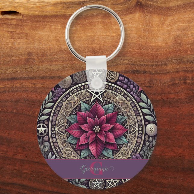 Personalised Witchy Poinsettia Pentagram Mandala Key Ring (Front)