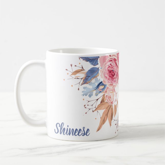 personalised with  blush and blue flower   coffee mug (Left)