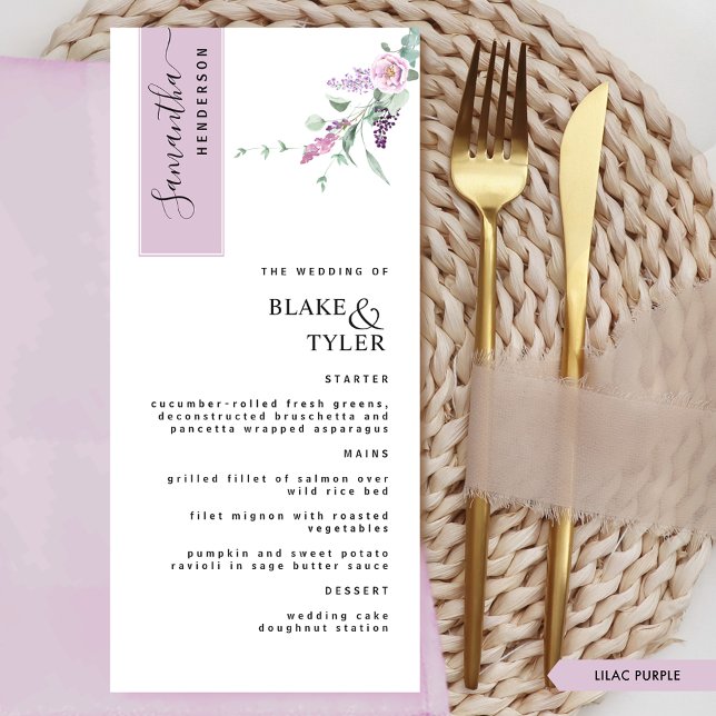Personalised with Guest Name, Lilac Floral Wedding Menu (Creator Uploaded)