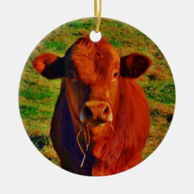 Personalised with name BABY BROWN COW EATING Ceramic Tree Decoration (Front)