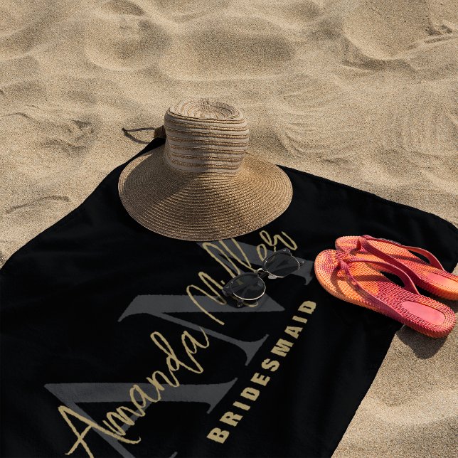 Personalised With Name Black Gold Modern Monogram Beach Towel (Creator Uploaded)