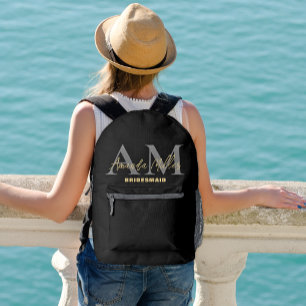 Personalised With Name Black Gold Modern Monogram Printed Backpack