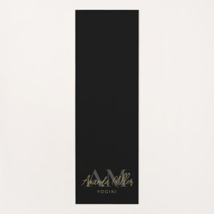 Personalised With Name Black Gold Modern Monogram Yoga Mat