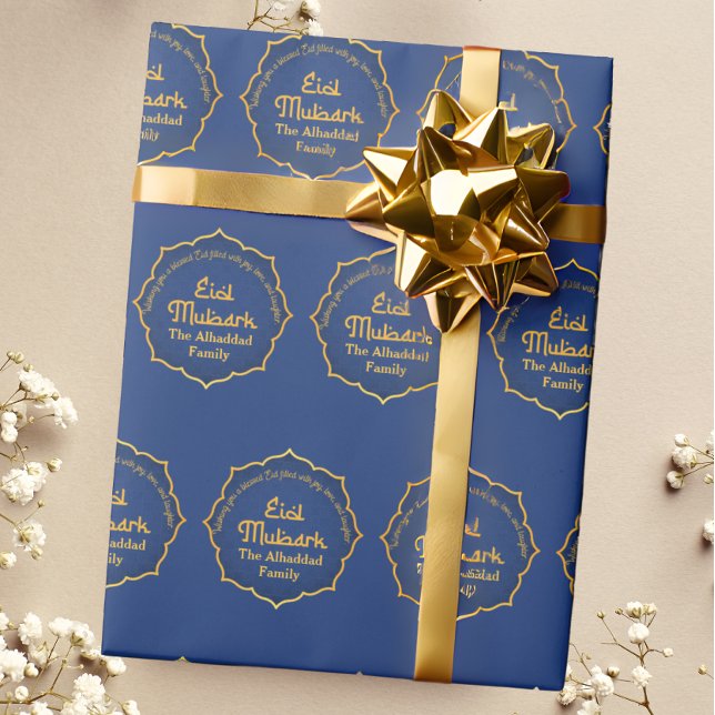 Personalised with Name Blue and Gold Eid Mubarak  Wrapping Paper (Creator Uploaded)