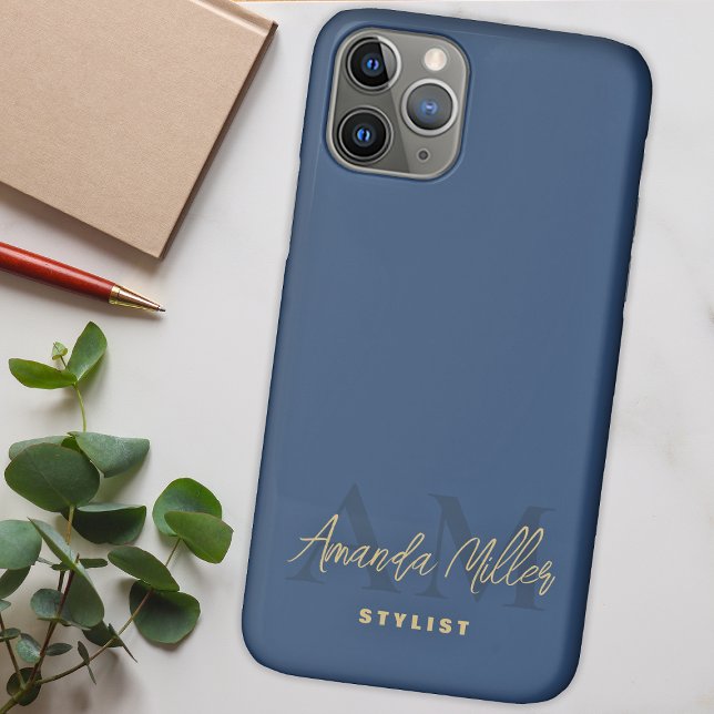 Personalised With Name Blue Gold Modern Monogram Case-Mate iPhone Case (Creator Uploaded)