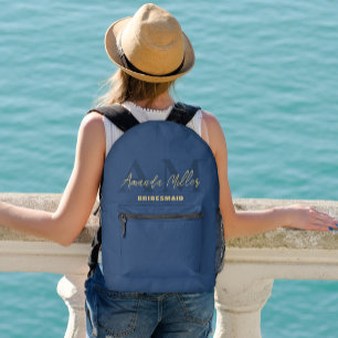 Personalised With Name Blue Gold Modern Monogram Printed Backpack