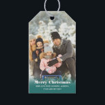 Personalised with Name Custom Photo Christmas Gift Tags<br><div class="desc">Add a special touch to Christmas gifts with these personalised photo gift tags. They're ready to be customised with your own photo in a vertical or portrait orientation with your custom greeting along with names or other text below in antique ivory white lettering against a dark teal background.</div>
