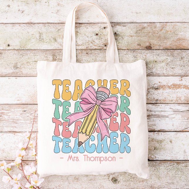 Personalised With Name Cute Pink Teacher Custom Tote Bag (Creator Uploaded)