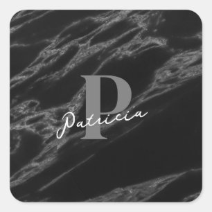 Personalised with Name Initial Marble Black Square Sticker