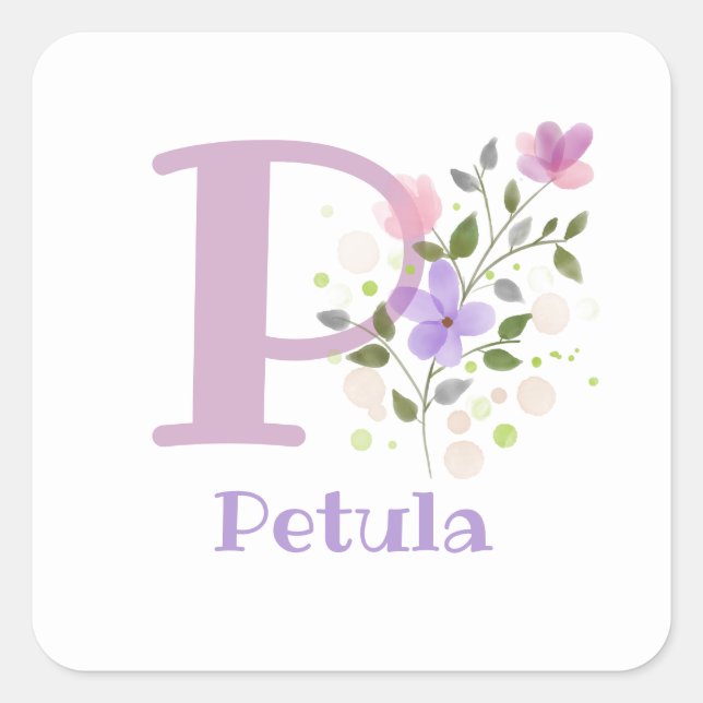Personalised with Name Petula and First Initial Square Sticker (Front)