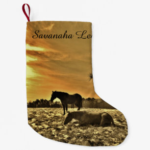 Personalised with name Sunset horses in snow Small Christmas Stocking