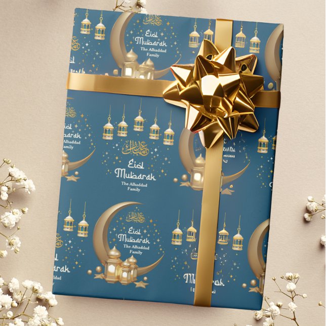Personalised with Name Teal and Gold  Eid Mubarak  Wrapping Paper (Creator Uploaded)