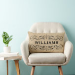 Personalised with Name | Vintage Flourish Lumbar Cushion<br><div class="desc">Shabby chic pillow features an elegant decorative black scroll frame and custom monogram text for a last name or other wording. Background has a neutral textured linen / burlap textured appearance.</div>