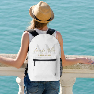 Personalised With Name White Gold Modern Monogram Printed Backpack
