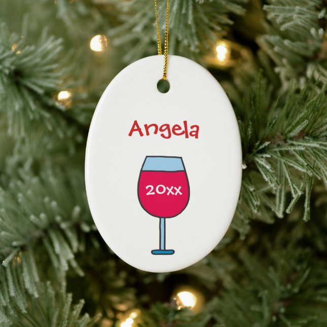 Personalised with Name Year Red Wine Glass Ceramic Ornament (Tree)