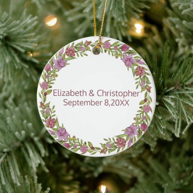 Personalised with Names and Wedding Date Floral Ceramic Ornament (Tree)